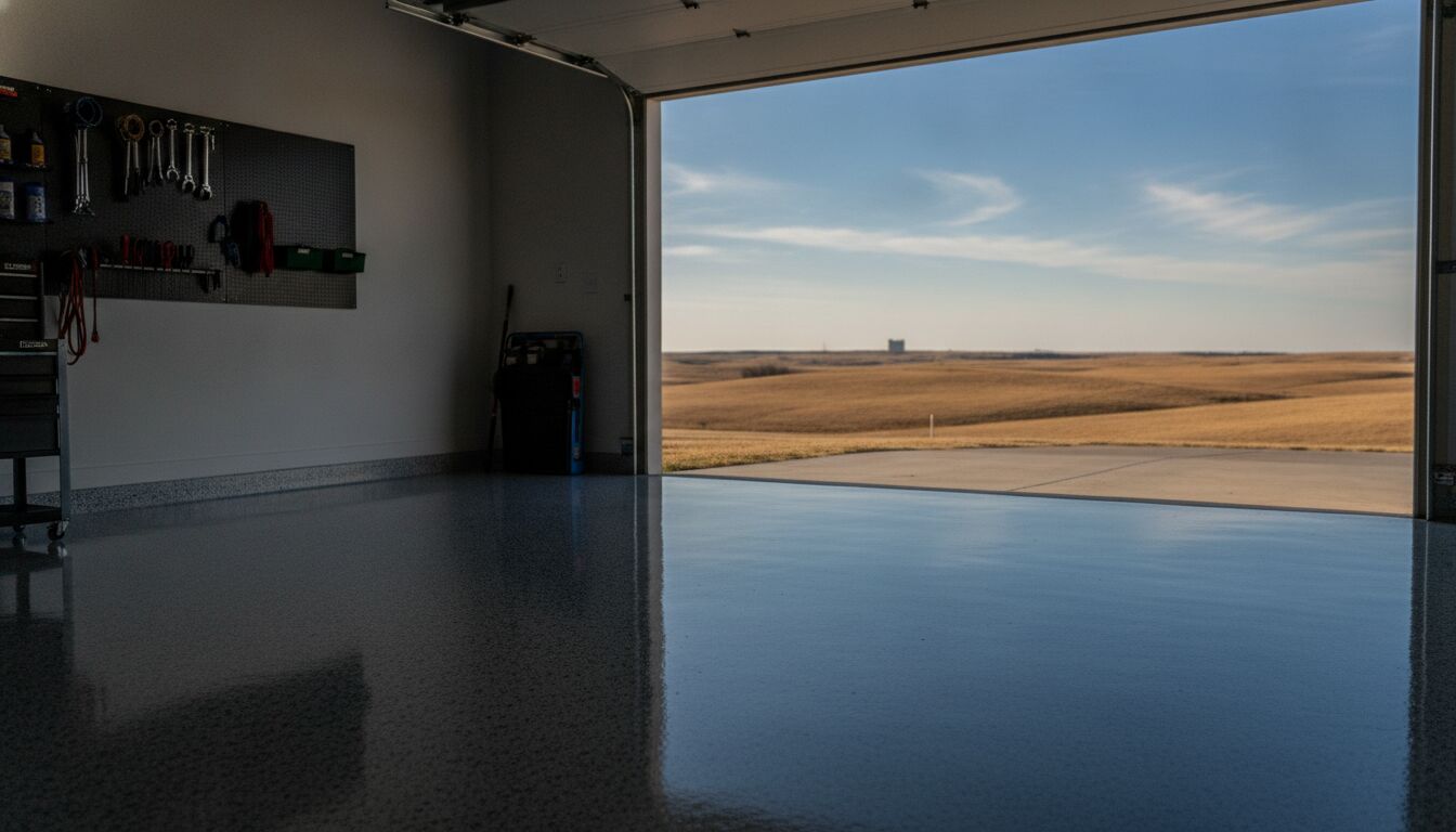 Polyurea-coated garage floor with a clear Oklahoma plains sky beyond